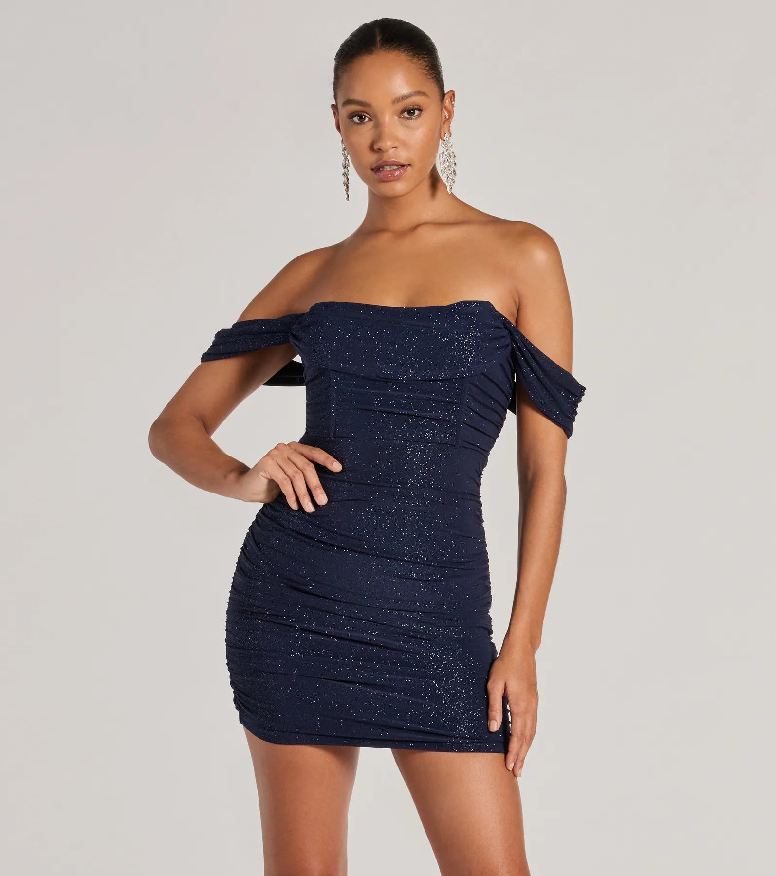 Satin mini dresses for a luxurious feel Glimmer Babe Glitter Off-The-Shoulder Mini Dress Satin mini dresses for a luxurious feel Glimmer Babe Glitter Off-The-Shoulder Mini Dress