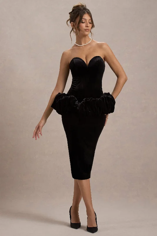 Midi dresses with cold - shoulder cutouts for a trendy style Sarifa | Black Velvet Strapless Corset Midi Dress With Ruffle Peplum Midi dresses with cold - shoulder cutouts for a trendy style Sarifa | Black Velvet Strapless Corset Midi Dress With Ruffle Peplum