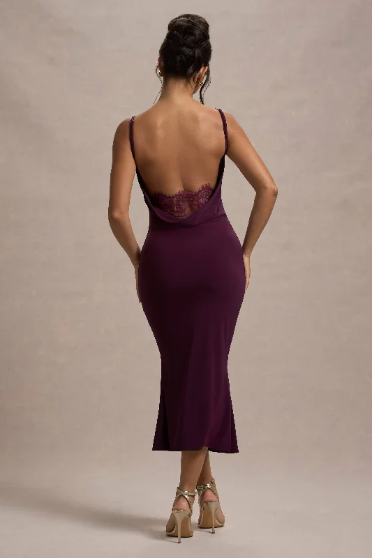 Midi dresses with cotton - blend materials for everyday comfort Addison | Port Cowl-Neck Open-Back Midi Dress With Lace Midi dresses with cotton - blend materials for everyday comfort Addison | Port Cowl-Neck Open-Back Midi Dress With Lace
