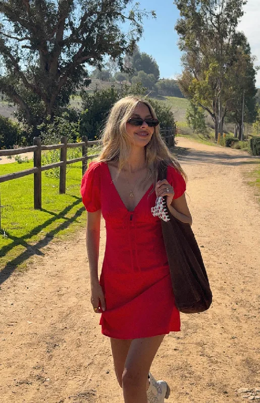 Mini dresses with pom - pom trims for a playful feel Franky Red Mini Dress