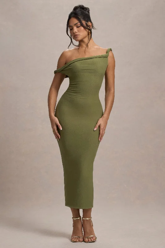 Midi dresses with printed lining for a hidden and stylish detail Salome | Olive Twisted Asymmetric Midi Dress