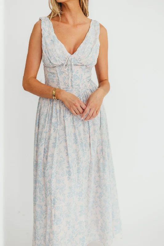 A - line midi dresses with floral prints for spring brunches Leighton Floral Bustier Midi Dress in Blush/Blue (Final Few) A - line midi dresses with floral prints for spring brunches Leighton Floral Bustier Midi Dress in Blush/Blue (Final Few)