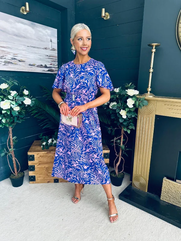 High - low midi dresses with geometric patterns for a modern party Tahlia Printed Midi Dress in Pink Blue