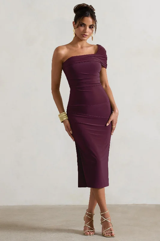 A - line midi dresses with floral prints for spring brunches Hawaii | Plum Asymmetric One-Shoulder Split Midi Dress A - line midi dresses with floral prints for spring brunches Hawaii | Plum Asymmetric One-Shoulder Split Midi Dress