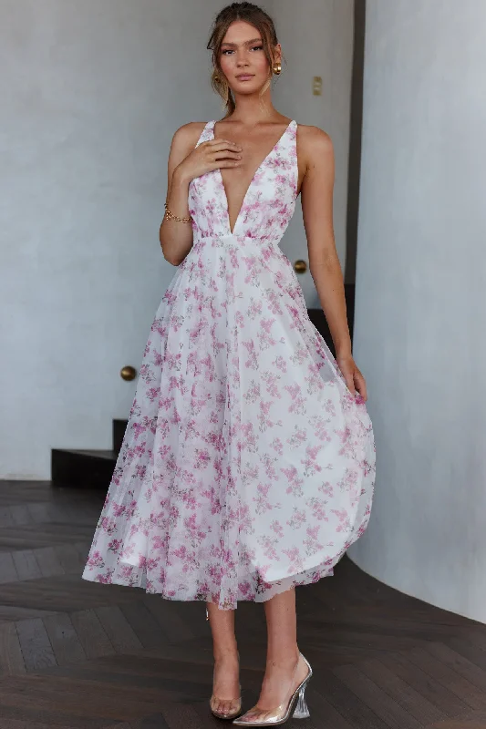 Wrap - style midi dresses in silk for a sophisticated office look Floating By Plunging Neckline Midi Dress Floral Pink Wrap - style midi dresses in silk for a sophisticated office look Floating By Plunging Neckline Midi Dress Floral Pink