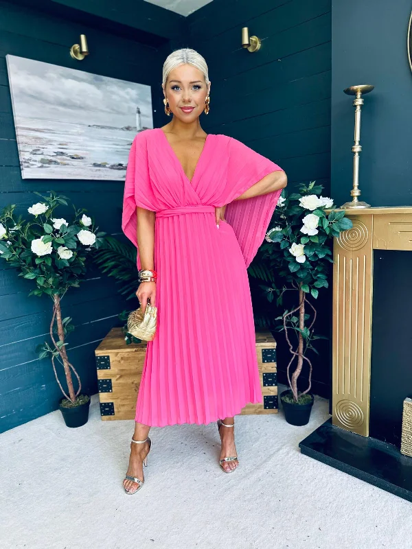 Midi dresses with ruffled bodices for a more pronounced feminine look Caoimhe Cape Detail Occasion Dress Pink