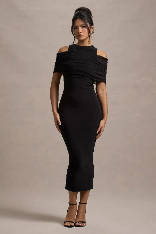 Velvet midi dresses in jewel tones for a glamorous winter event Lupine | Black Mesh Bardot Bodycon Midi Dress Velvet midi dresses in jewel tones for a glamorous winter event Lupine | Black Mesh Bardot Bodycon Midi Dress