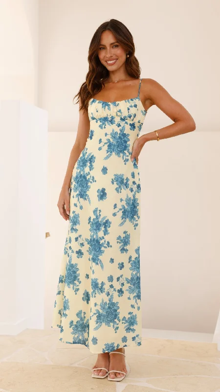 Midi dresses with ruffled bodices for a more pronounced feminine look Margie Midi Dress - Yellow / Blue Floral Midi dresses with ruffled bodices for a more pronounced feminine look Margie Midi Dress - Yellow / Blue Floral