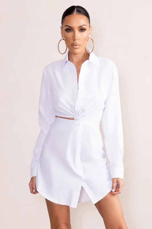 Mini dresses with asymmetric hems for a fashion - forward look Lucky Star | White Cut Out Wrap Front Shirt Mini Dress Mini dresses with asymmetric hems for a fashion - forward look Lucky Star | White Cut Out Wrap Front Shirt Mini Dress