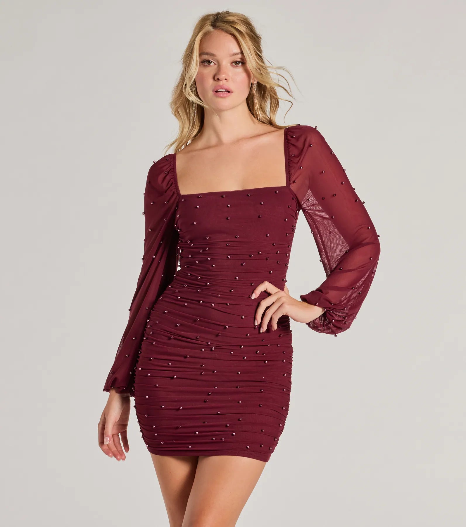 Mini dresses with fringe for a bohemian style Lovely Vibe Pearl Mesh Long Sleeve Mini Dress Mini dresses with fringe for a bohemian style Lovely Vibe Pearl Mesh Long Sleeve Mini Dress