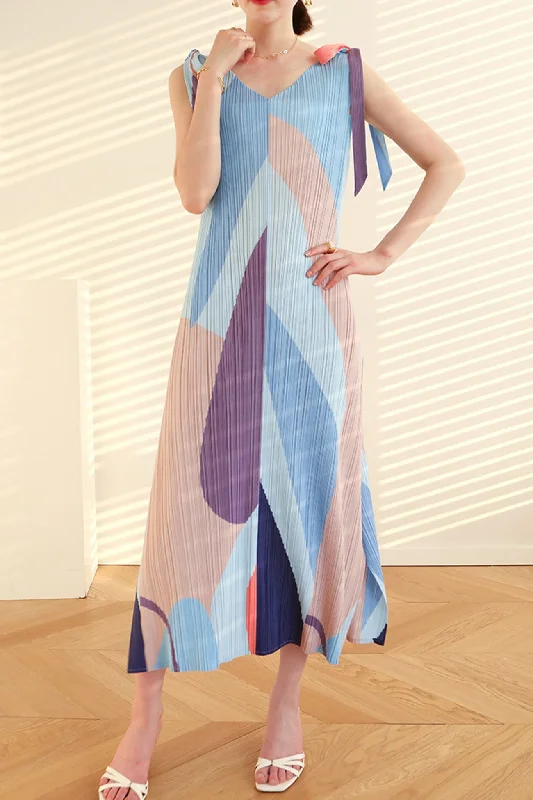 Midi dresses with metallic threads for a glamorous evening event Fully Pleated Tie-Shoulder Print Dress