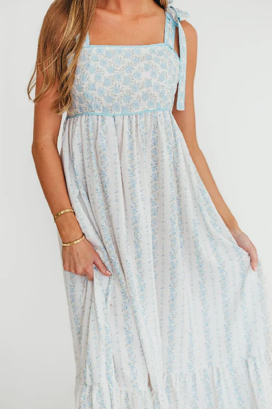 A - line midi dresses with floral prints for spring brunches Kelly Adjustable Tie Maxi Dress in French Blue Floral