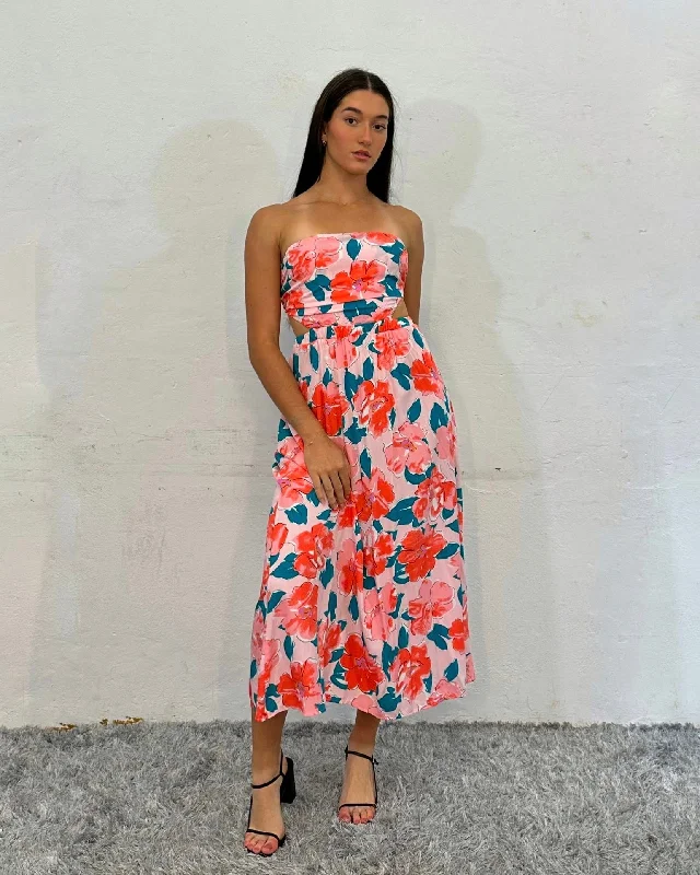 High - low midi dresses with geometric patterns for a modern party EVON MIDI DRESS -PINK FLORAL High - low midi dresses with geometric patterns for a modern party EVON MIDI DRESS -PINK FLORAL