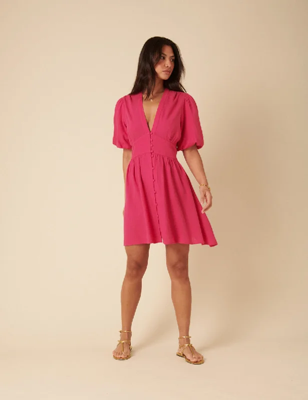 Mini dresses with tassel accents for a fun touch Pink Linen-blend Short Sleeve Starlight Mini Dress Mini dresses with tassel accents for a fun touch Pink Linen-blend Short Sleeve Starlight Mini Dress