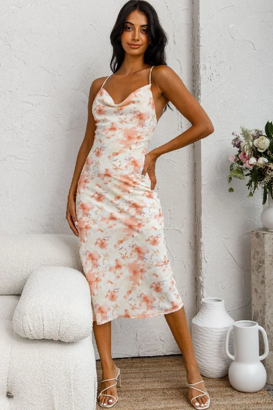 Midi dresses with polka dot prints for a playful summer outfit Show Me Love Cowl Neck Midi Dress Watercolor Floral Print Pink