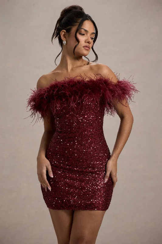 Sheer mini dresses with lace inserts New Money | Burgundy Bodycon Sequin Mini Dress With Feather Trim Sheer mini dresses with lace inserts New Money | Burgundy Bodycon Sequin Mini Dress With Feather Trim