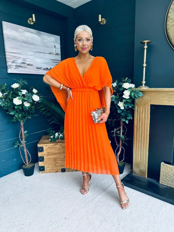Midi dresses with gathered skirts for a full and flowing silhouette Caoimhe Cape Detail Occasion Dress Orange