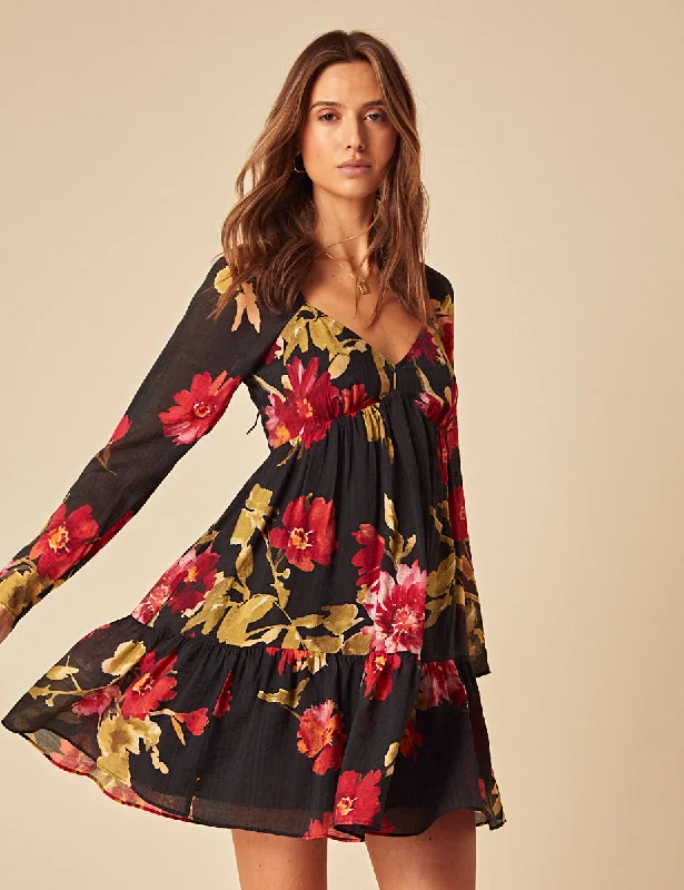 Mini dresses with polka dot patterns Black Floral Marti Mini Dress
