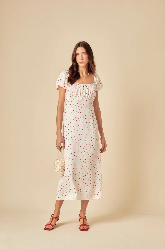 Mini dresses with tiered skirts for added volume White Polka Dot Raven Midi Dress