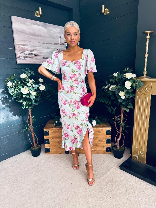 Midi dresses with button - front designs for a classic touch Heidi Ruched Midi Dress Floral Green