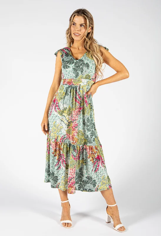 Midi dresses with halter necks for a stylish and comfortable option Tropical Bloom V Neckline Dress Midi dresses with halter necks for a stylish and comfortable option Tropical Bloom V Neckline Dress