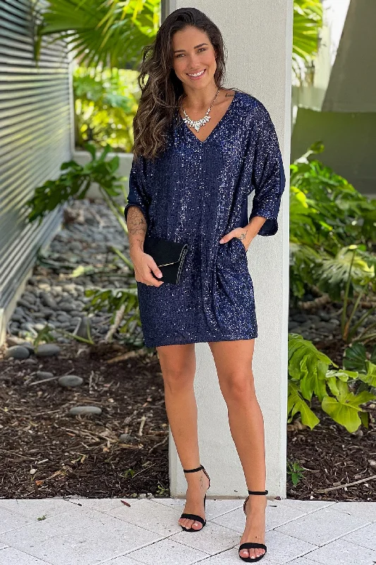 Mini dresses with tiered skirts for added volume Navy Loose Fit Sequined Dress