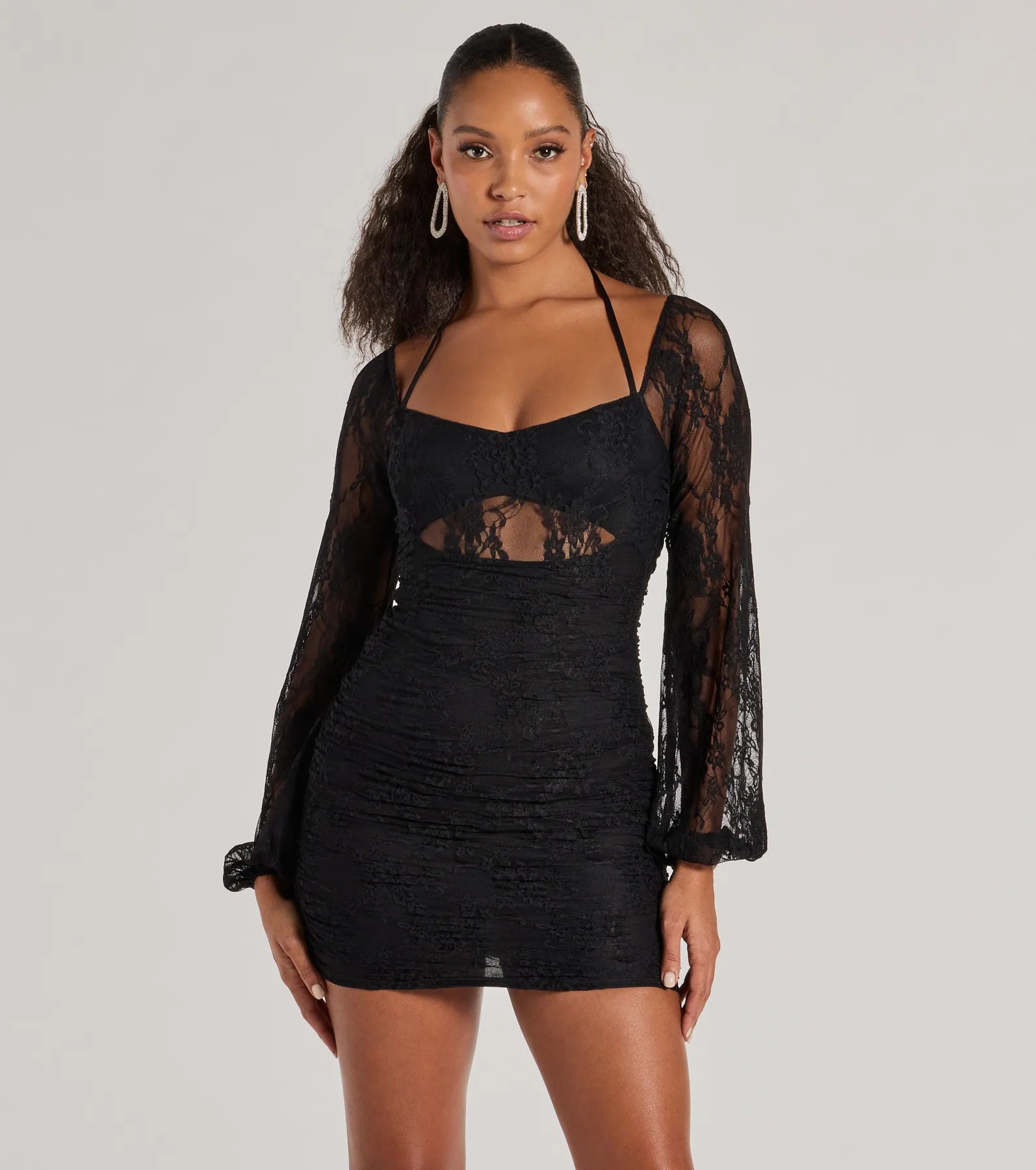 Mini dresses with spaghetti straps for a delicate look Here To Allure Sheer Lace Long Sleeve Mini Dress Mini dresses with spaghetti straps for a delicate look Here To Allure Sheer Lace Long Sleeve Mini Dress