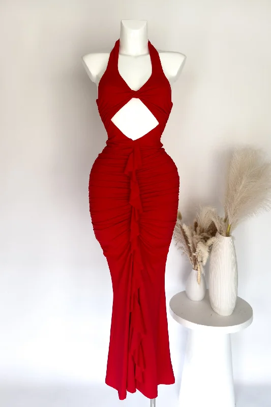 Midi dresses with button - front designs for a classic touch Laurina Maxi Dress - Red Midi dresses with button - front designs for a classic touch Laurina Maxi Dress - Red