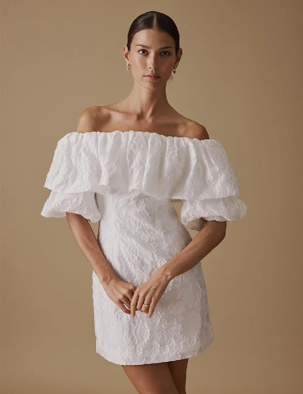 Mini dresses with button - down fronts White Puff Sleeve Mini Blakeney Bridal Dress
