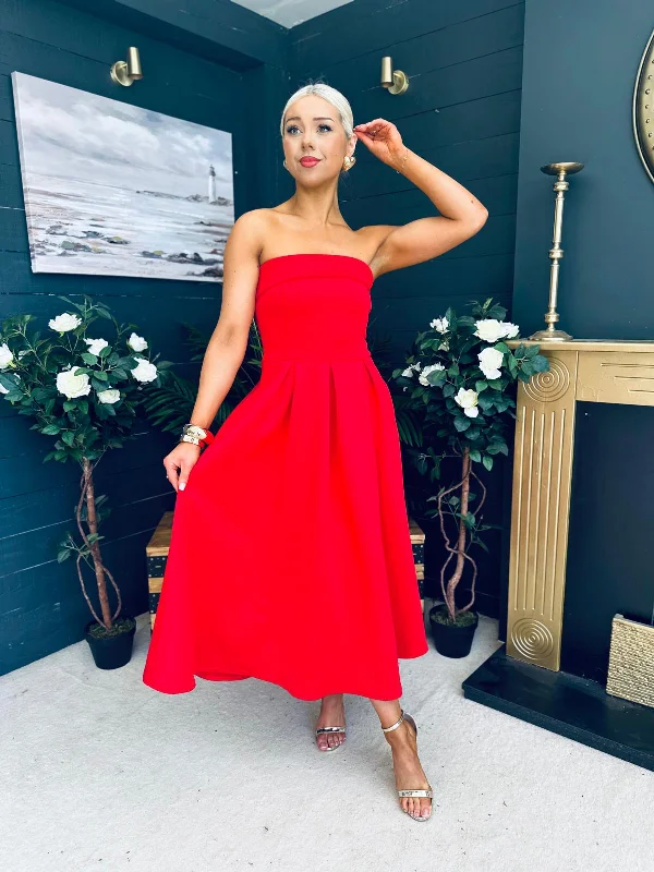 Sleeveless midi dresses with lace details for summer weddings Danni Strapless Bandeau Midi Dress Red