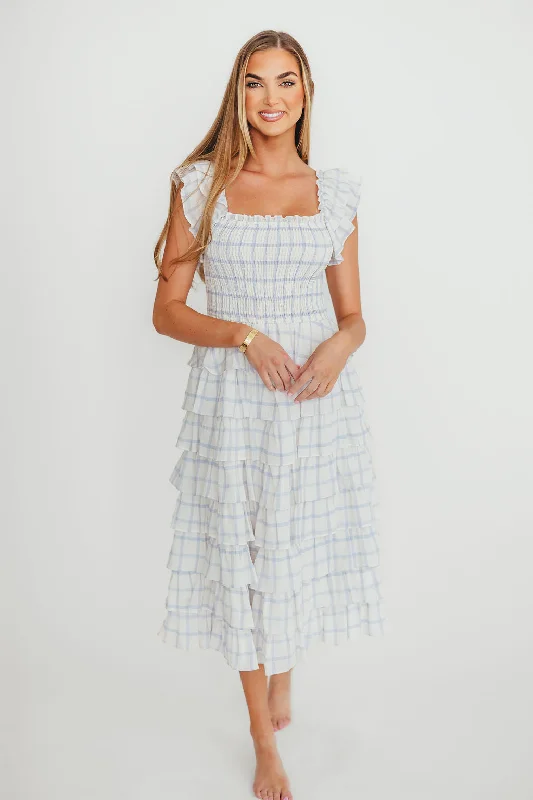 Midi dresses with puff sleeves for a vintage - inspired look Adelynn Ruffle Midi Dress in White/Blue Midi dresses with puff sleeves for a vintage - inspired look Adelynn Ruffle Midi Dress in White/Blue