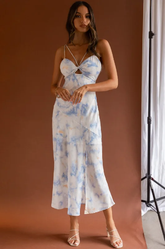 Midi dresses with lace - up fronts for a unique and adjustable style She Reigns Twist Bust Split Midi Dress Tie Dye Blue Midi dresses with lace - up fronts for a unique and adjustable style She Reigns Twist Bust Split Midi Dress Tie Dye Blue