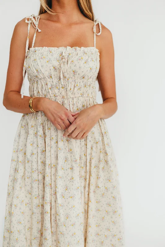Midi dresses with pom - pom trims for a playful and festive look Lila Ruched Floral Maxi Dress in Vintage Cream