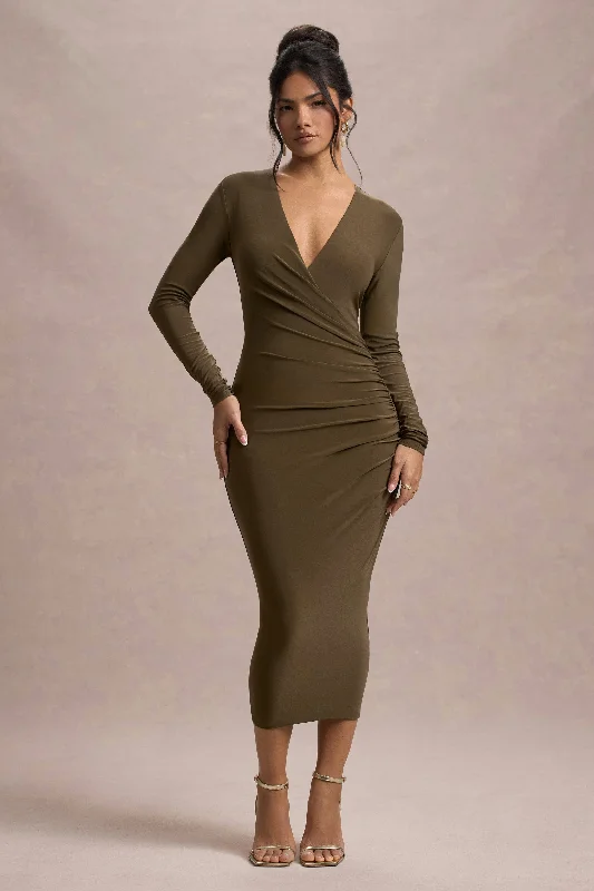 Velvet midi dresses in jewel tones for a glamorous winter event Marcia | Khaki Bodycon Plunge-Neck Midi Dress