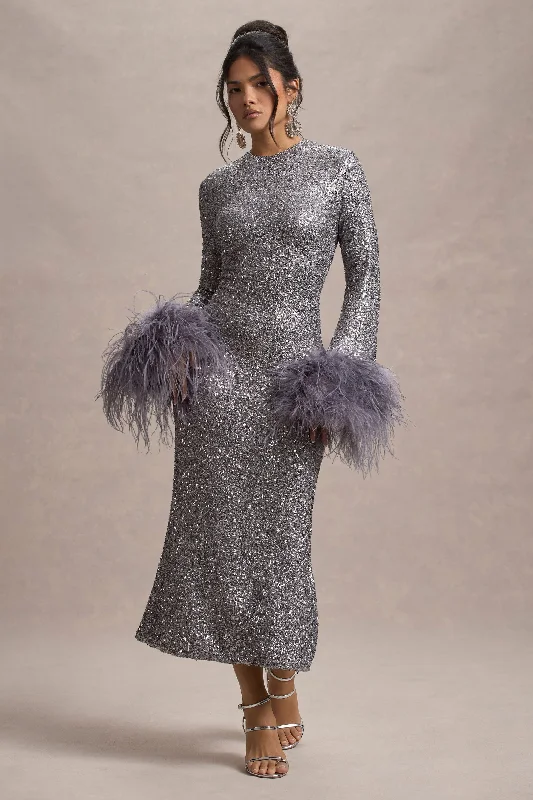Midi dresses with wrap - around skirts for a customizable fit North Star | Silver Sequin Long-Sleeve Midi Dress With Feather Cuffs Midi dresses with wrap - around skirts for a customizable fit North Star | Silver Sequin Long-Sleeve Midi Dress With Feather Cuffs