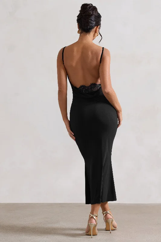 Midi dresses with asymmetric hems for a fashion - forward and dynamic appearance Addison | Black Cowl-Neck Open-Back Midi Dress With Lace Midi dresses with asymmetric hems for a fashion - forward and dynamic appearance Addison | Black Cowl-Neck Open-Back Midi Dress With Lace