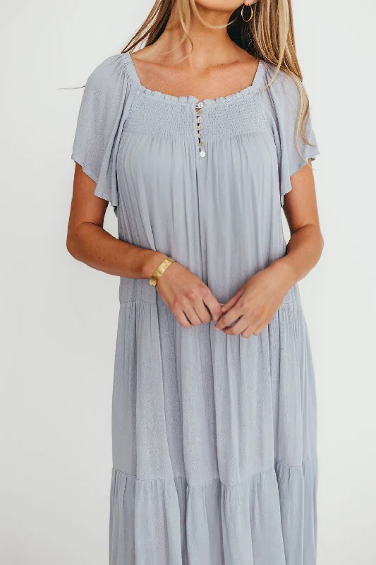 Midi dresses with bow accents for a sweet and charming look Eloise Flutter Sleeve Midi Dress in Slate