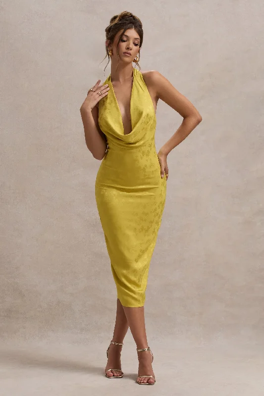 Midi dresses with asymmetric hems for a fashion - forward and dynamic appearance Maciza | Mustard Satin Jacquard Cowl-Neck Midi Dress Midi dresses with asymmetric hems for a fashion - forward and dynamic appearance Maciza | Mustard Satin Jacquard Cowl-Neck Midi Dress