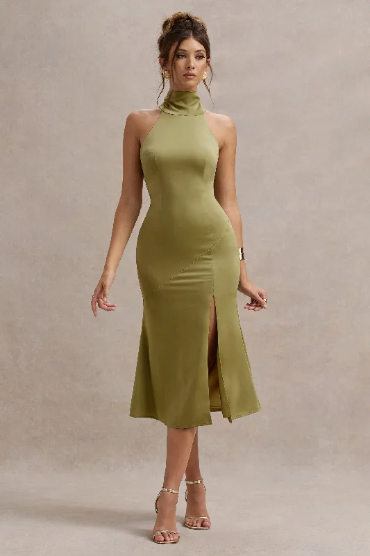 Sleeveless midi dresses with lace details for summer weddings Violette | Olive Satin High-Neck Split Midi Dress