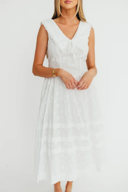 Midi dresses with embroidered accents for a unique and detailed design Elaine 100% Cotton Embroidered Midi Dress in White Floral Midi dresses with embroidered accents for a unique and detailed design Elaine 100% Cotton Embroidered Midi Dress in White Floral