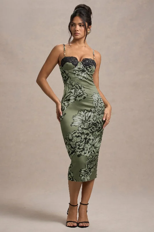 Midi dresses with keyhole backs for a flirty and unexpected detail Soprano | Olive Floral Print Satin Sweetheart Lace Trim Midi Dress Midi dresses with keyhole backs for a flirty and unexpected detail Soprano | Olive Floral Print Satin Sweetheart Lace Trim Midi Dress