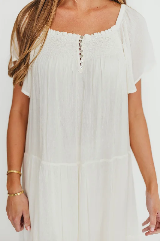 Midi dresses with patchwork patterns for a one - of - a - kind style Eloise Flutter Sleeve Midi Dress in Off-White Midi dresses with patchwork patterns for a one - of - a - kind style Eloise Flutter Sleeve Midi Dress in Off-White