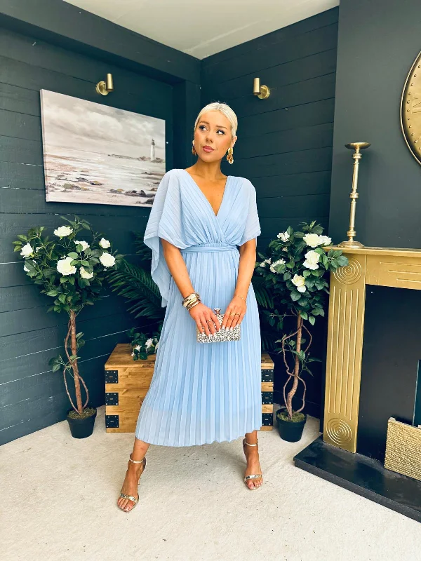 Midi dresses with ruched sleeves for a more fitted and stylish arm look Caoimhe Cape Detail Occasion Dress Pwr Blue