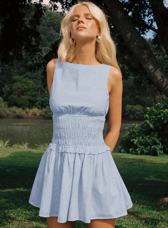 Mini dresses with tiered skirts for added volume Yennifer Shirred Mini Dress Blue / White Tall Mini dresses with tiered skirts for added volume Yennifer Shirred Mini Dress Blue / White Tall