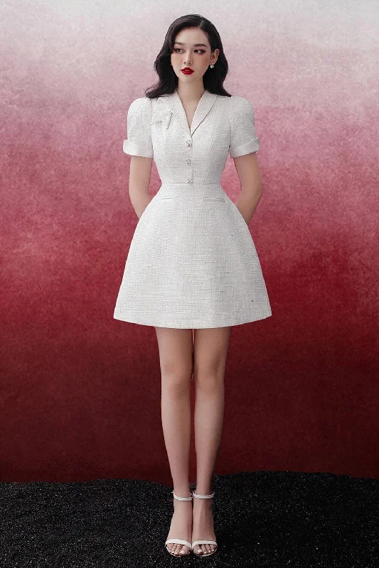 Mini dresses with one - shoulder designs Suzy A-line V-Neck Tweed Mini Dress