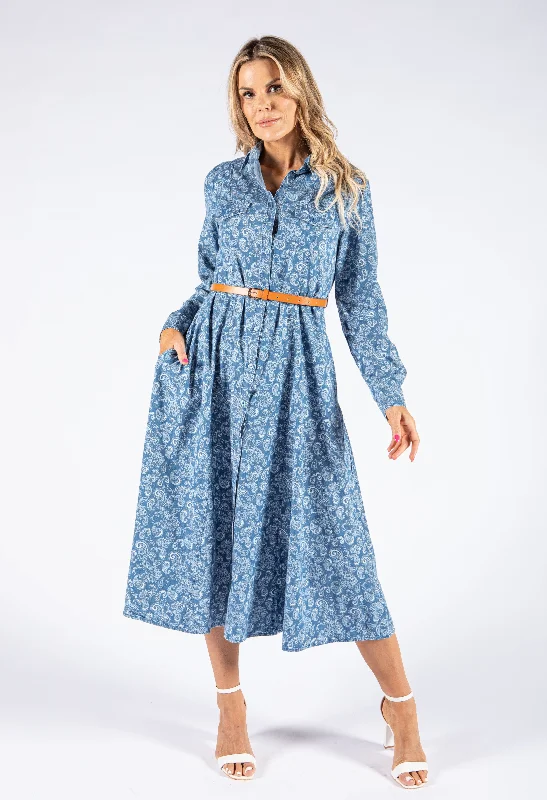 Midi dresses with denim fabric for a casual yet stylish day out Paisley Print Long Sleeve Denim Dress Midi dresses with denim fabric for a casual yet stylish day out Paisley Print Long Sleeve Denim Dress