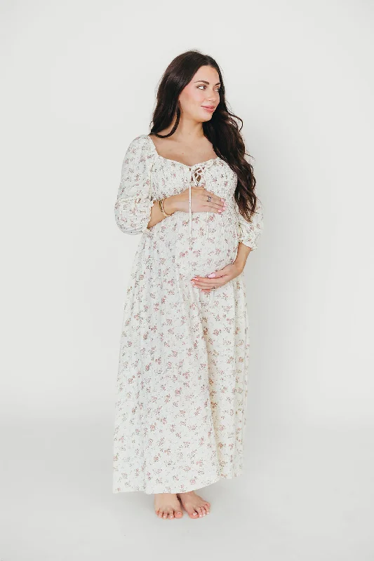 Midi dresses with metallic threads for a glamorous evening event Cecilia 100% Cotton Smocked Maxi Dress in Ivory/Mauve Floral - Bump Friendly Midi dresses with metallic threads for a glamorous evening event Cecilia 100% Cotton Smocked Maxi Dress in Ivory/Mauve Floral - Bump Friendly