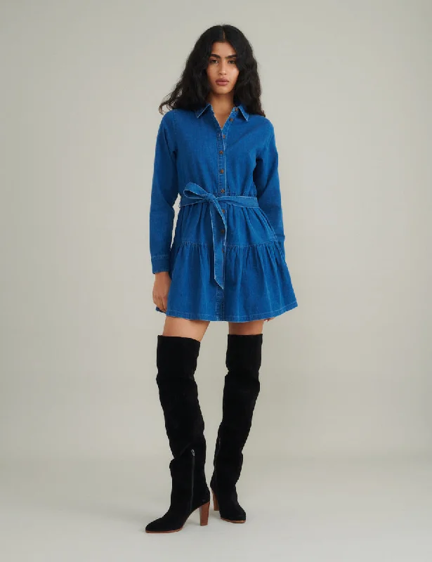 Mini dresses with side slits for a sexy appeal Blue Denim Tie Waist Ester Mini Dress Mini dresses with side slits for a sexy appeal Blue Denim Tie Waist Ester Mini Dress