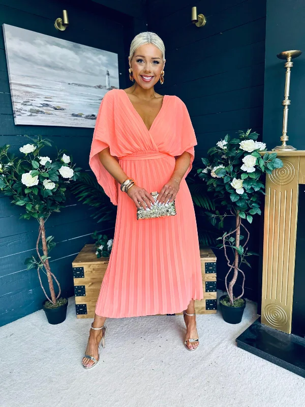 Midi dresses with mesh inserts for a trendy and breathable option Caoimhe Cape Detail Occasion Dress Peach