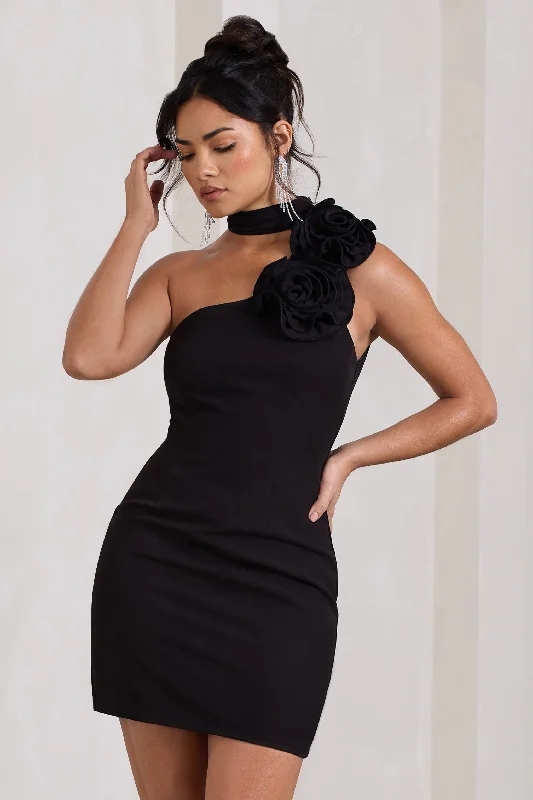 Mini dresses with one - shoulder designs The Party | Black Mini Dress With Ruffled Choker Mini dresses with one - shoulder designs The Party | Black Mini Dress With Ruffled Choker